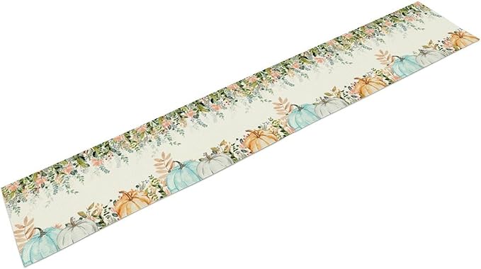 Fall Table Runner Blue Pumpkin Colorful Eucalyptus Leaves Thanksgiving Orange Green Watercolor Illustration Decor for Farmhouse Indoor Outdoor Party Holiday Dining Kitchen Restaurant Cafe W13xL120in