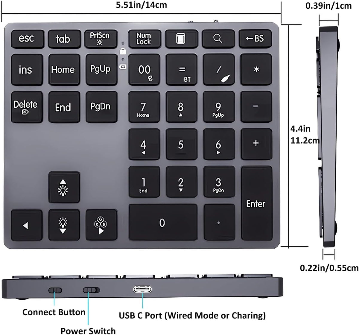 LINKEET 7-Color BT5.0/USB/2.4G 35-Key Tri-Mode Aluminum Numpad LED Backlit, Wireless Rechargeable Number Pad Scissor