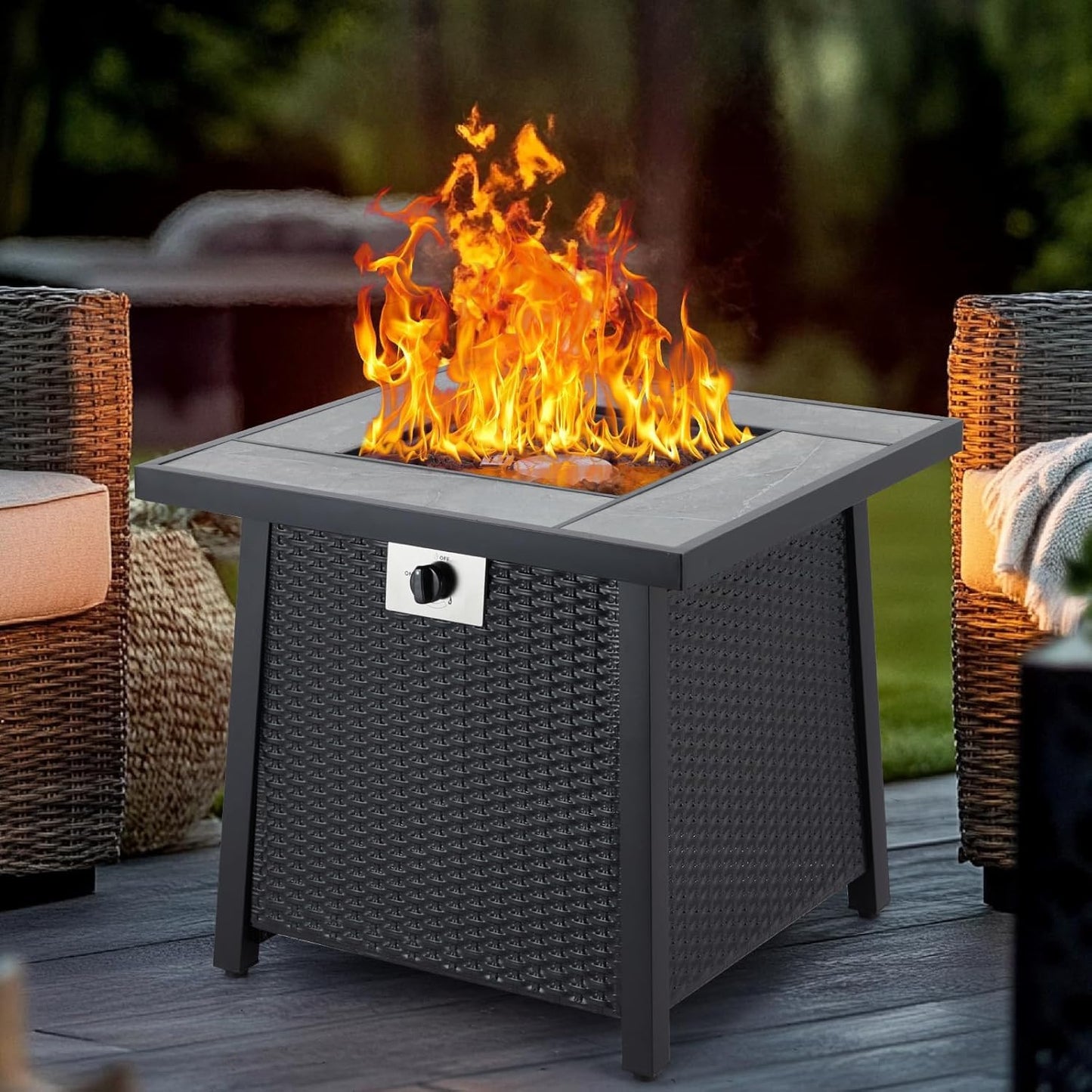 28 Inch Propane Fire Pit Table, 50000BTU Rectangle Fire Table with Cover, Sturdy Steel and Iron Fence Surface, CSA Safety Certified, Companion for Your Garden