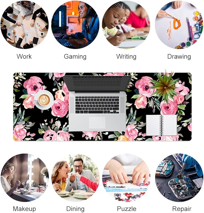 QIYI Large Mouse Pad, Floral Desk Mat for Desktop, Women Girls Watercolor Pink Flowers Office Décor Desk Accessories, PU Leather Waterproof Gaming Mousepad, Black Desk Pad Computer Mat, 31.5" x 11.8"