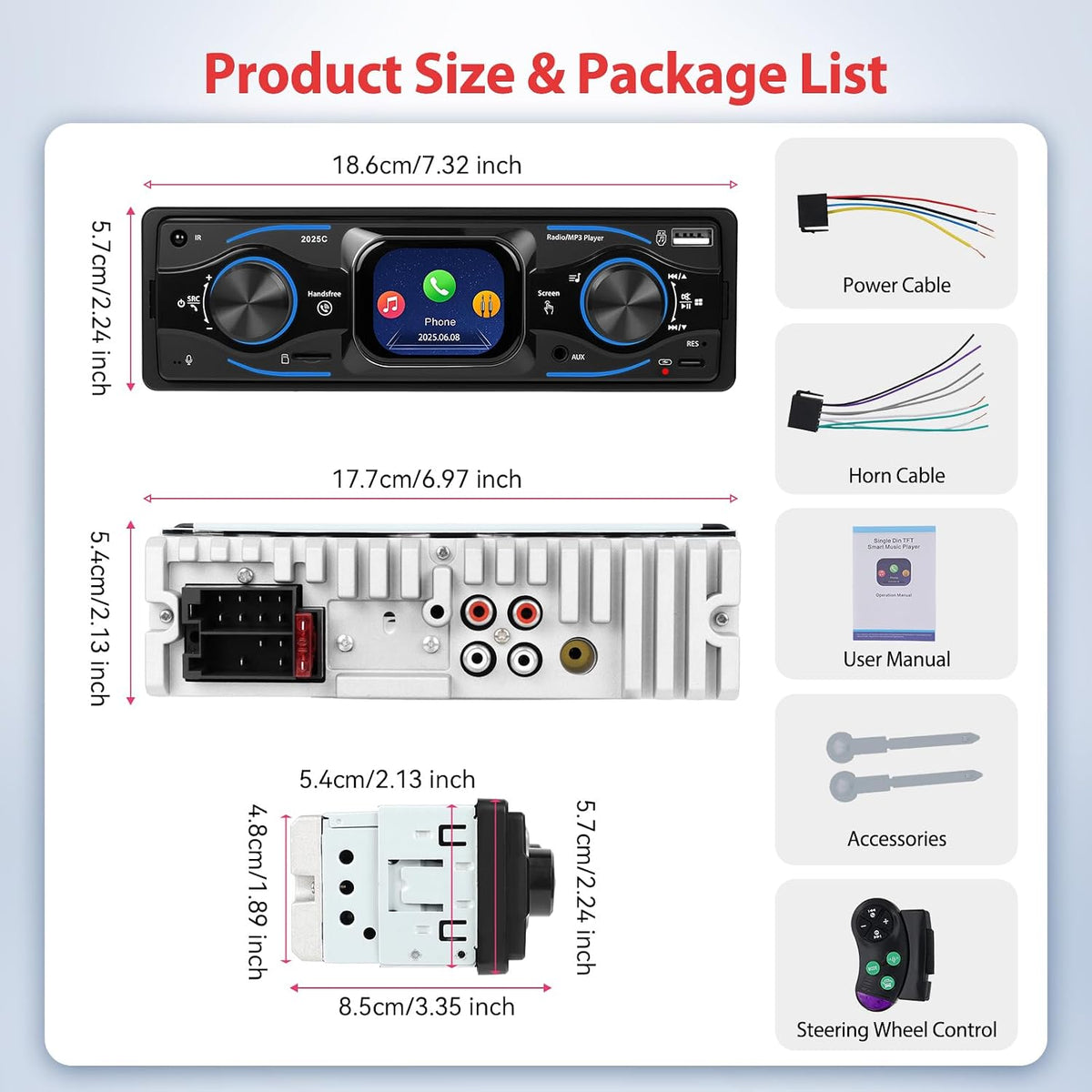 Motorsi 2.17" 12V MP3 Radio/MP3/SD/AUX-IN/USB/EQ/Quick Touch Screen Bluetooth Single Din Car Stereo Audio Player