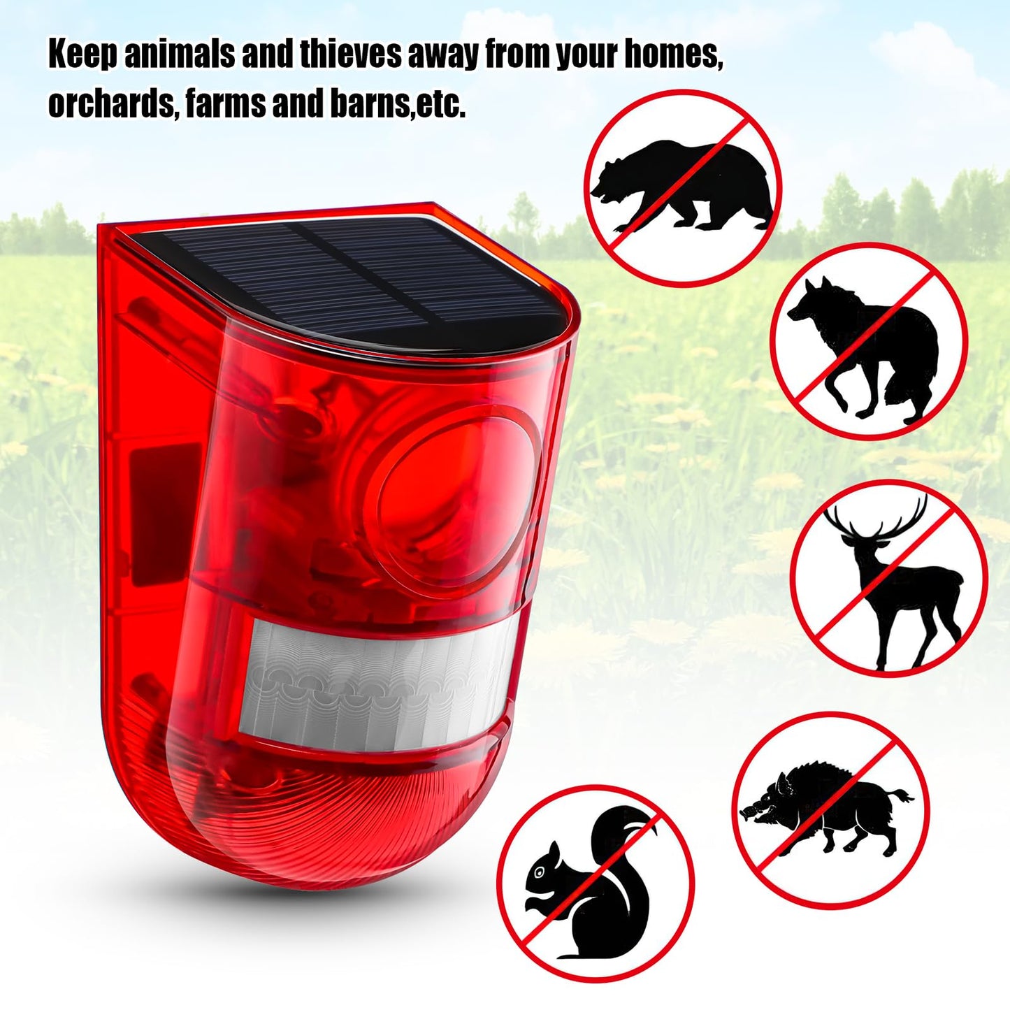 Qualirey Solar Sound and Light Alarm Motion Sensor 129db Outdoor Security Siren Waterproof Activated Detector Driveway Alarm 6 LEDs Flash Warning Deterrent Strobe System for Home, Farm(Red,8 Pack)