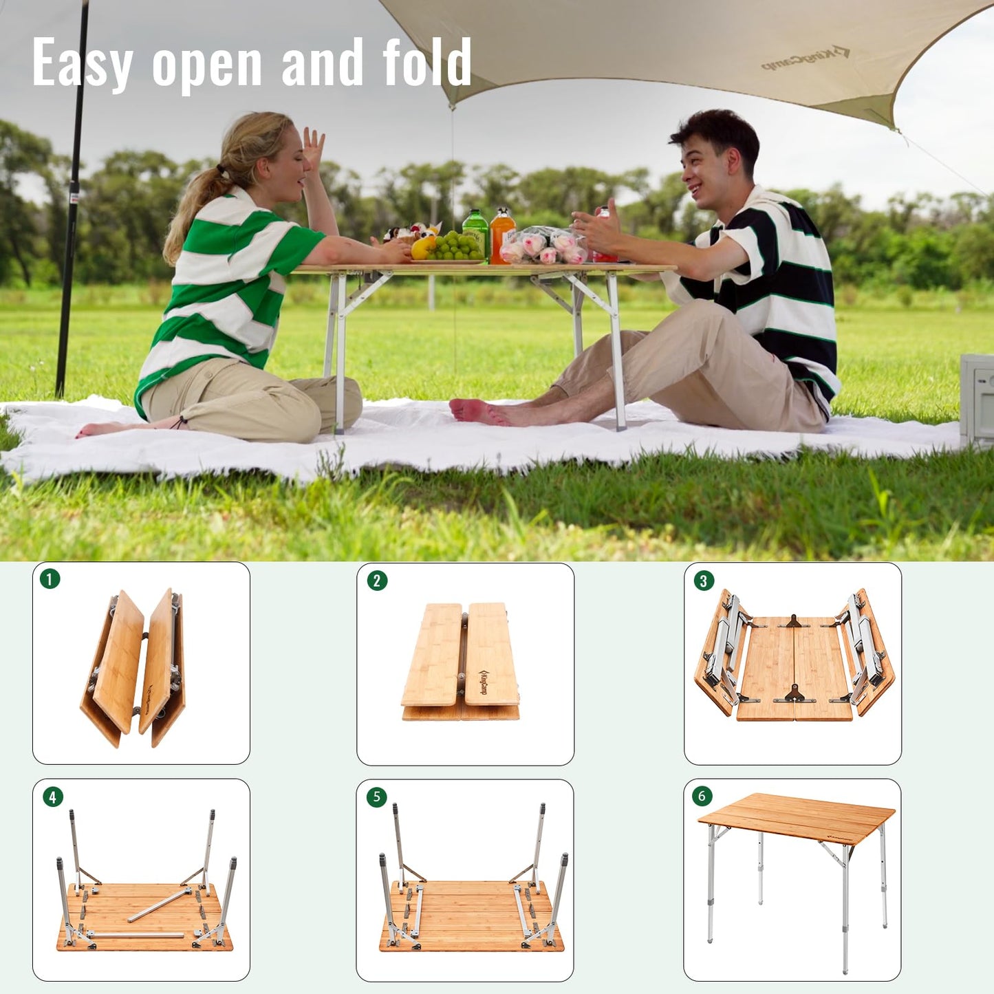 KingCamp Adjustable Height Folding Table, 4-Fold Bamboo Camping Outdoor Portable RV Camp Table with Carry Bag for Outdoor Car Backyard Picnic Tailgating Beach
