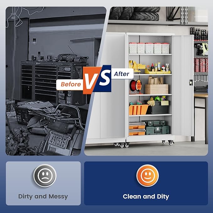 Yizosh Metal Garage Storage Cabinet with Locking Doors and Adjustable Shelves,- 75" Rolling Steel Tool Cabinet for Home Office,Garage,Warehouse