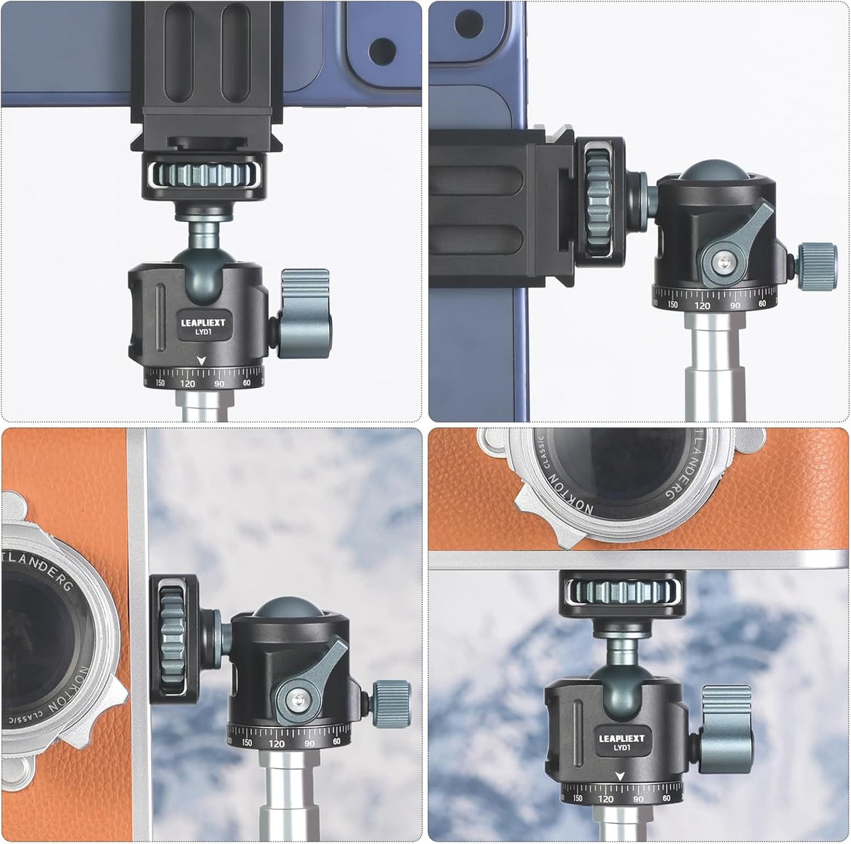 LEAPLIEXT 360 1/4-inch 2.5kg/5.5 lbs Tripod Metal Ball Head, Panoramic Rotating Base Adapter, with Screw and Cold Shoe