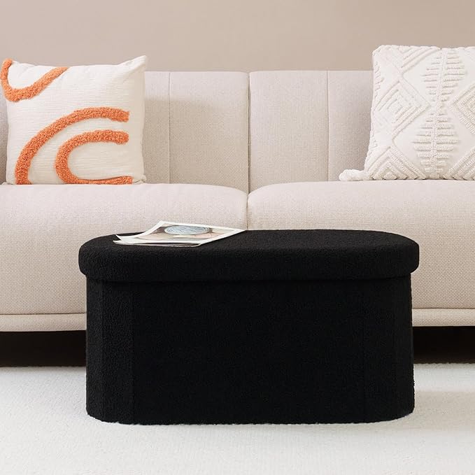 B FSOBEIIALEO Ottoman with Storage for Living Room, Sherpa Folding Storage Ottoman Foot Rest, 30 Inches Collapsible Bedroom Bench Black