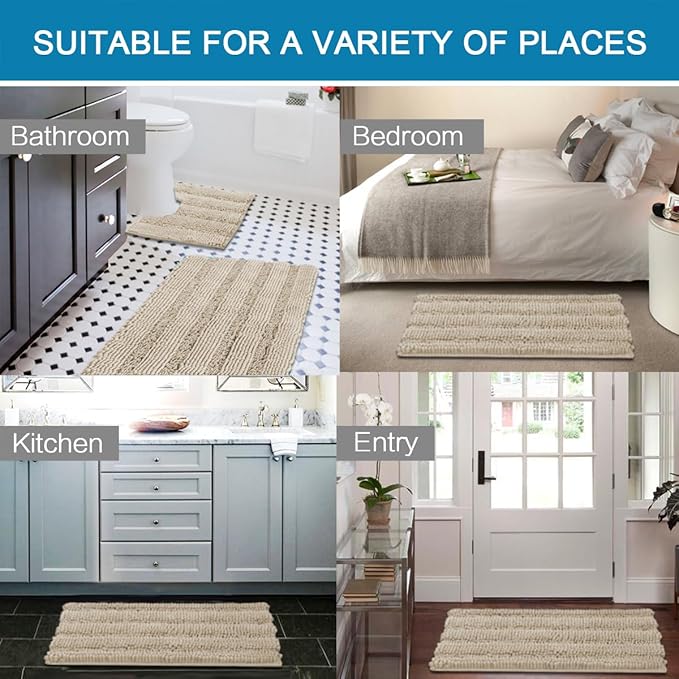H.VERSAILTEX Bathroom Rug Sets 2 Piece Bath Mats Non Slip Thick Soft Chenille Striped Bath Rug achine Washable Shower Floor Rugs for Tub, Shower and Floor (Fog, 20"x32" Plus 20"x20" U)