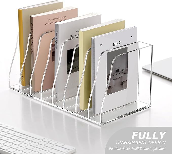 SANRUI Acrylic Desk File Organizer, 8 Vertical Compartments Clear Magazine File Holder Workspace Sorters, Folder Rack for Office Accessories Organization Storage