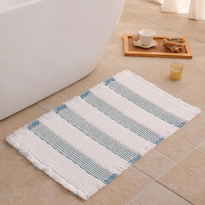 Waffle Bath Mat Non Slip, Boho Bathroom Rug, Super Absorbent Quick Dry Bathroom Mat, Soft Farmhouse Bath Rug with Tassels, Small Washable Shower Mats for Floor 20"x32", White and Blue