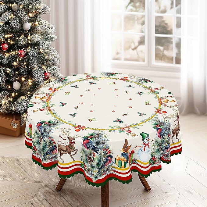 Eikione Christmas Round 60In Tablecloth Polyester Waterproof Stain Wrinkle Free, Christmas Reindeer Table Cover for Home Kitchen Dining Party