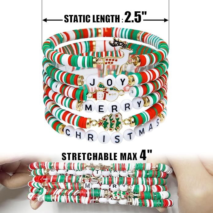 Artlunar 6 Pack Christmas Bracelets: Joy & Merry Candy-Style Stacks for Women & Teens - Perfect Christmas Gifts - Age 3 to Adult