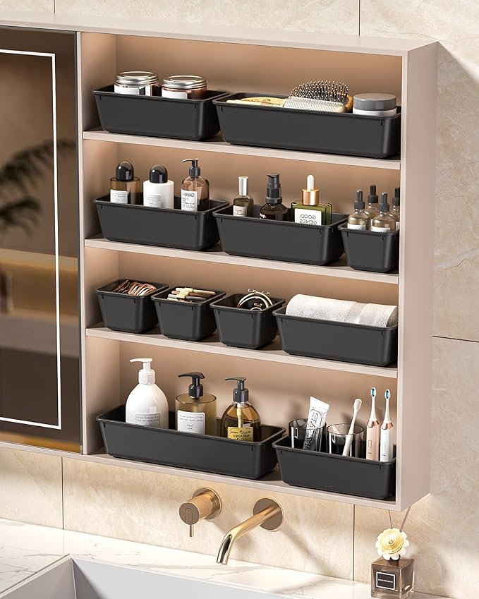 25 PCS Plastic Drawer Organizers Set, 4 Sizes Vanity Organizer, Makeup and Desk Drawer Organizer Trays, Organization and Storage for Makeup, Bathroom, Kitchen Utensils and Office (Black)