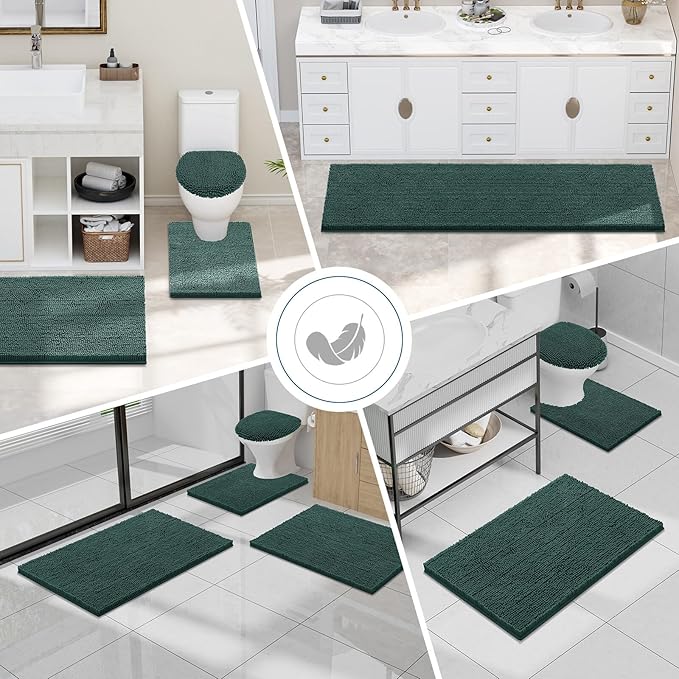 Smiry Luxury Chenille Bathroom Rugs 59x35, Extra Soft and Absorbent Shaggy Bath Mat, Machine Washable, Non-Slip Plush Carpet Runner for Tub, Shower, and Floor, Home Decor Accessories, Green