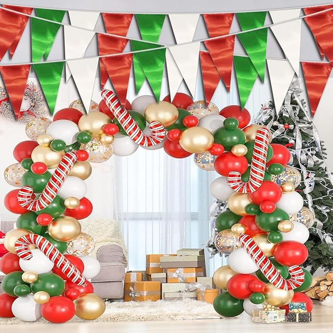 40M/130FT White Green Red Triangle Pennant Banner Flag Metallic Fabric Bunting Garland for Christmas Italy Mexican Birthday Baby Shower Wedding Banners,New Years Winter Decor Ouruola