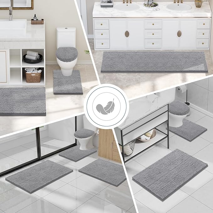 Smiry Luxury Chenille Bathroom Rugs 47x20, Extra Soft and Absorbent Shaggy Bath Mat, Machine Washable, Non-Slip Plush Carpet Runner for Tub, Shower, and Floor, Home Decor Accessories, Grey