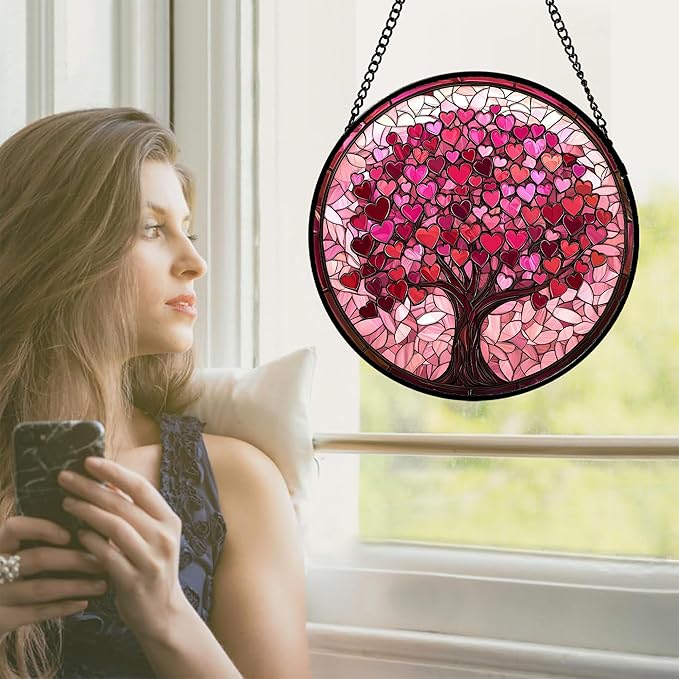 Stained Glass Window Hanging - DASTOLL, Birthday Gifts for Women Men Mom Dad, Pink Love Tree Suncatcher for Doors Window Home Sun Catchers Decor 7.8 in