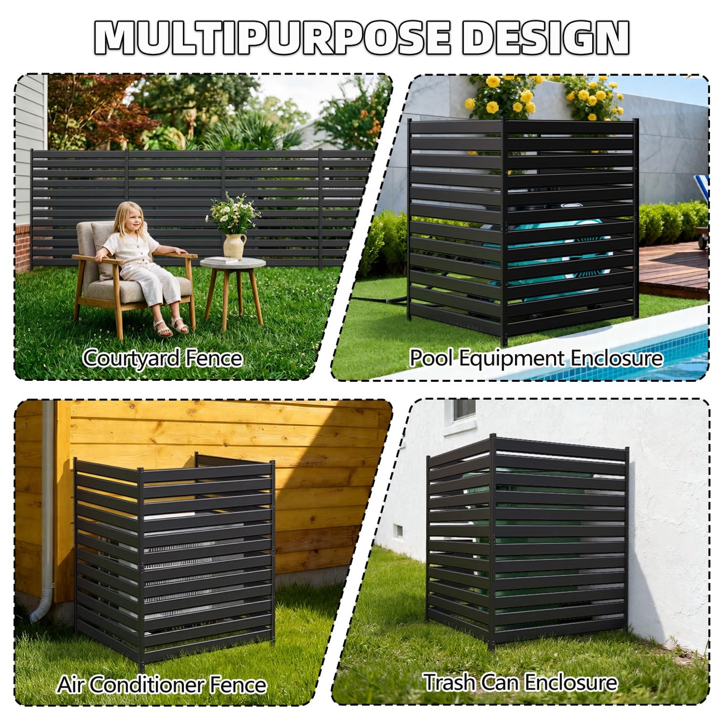 72" H×38" W(1 Panels) No Dig Metal Privacy Fence Panels for Air Conditioner Units, Can Also Hide The Pool Equipment, Black Outdoor Rustproof Trash Cans Privacy Screen