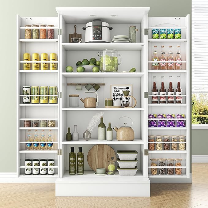47” Pantry Cabinet, Kitchen Pantry Storage Cabinet with Doors and Adjustable Shelves,Freestanding Buffet Cupboards Sideboard for Living Room and Dinning Room (White)