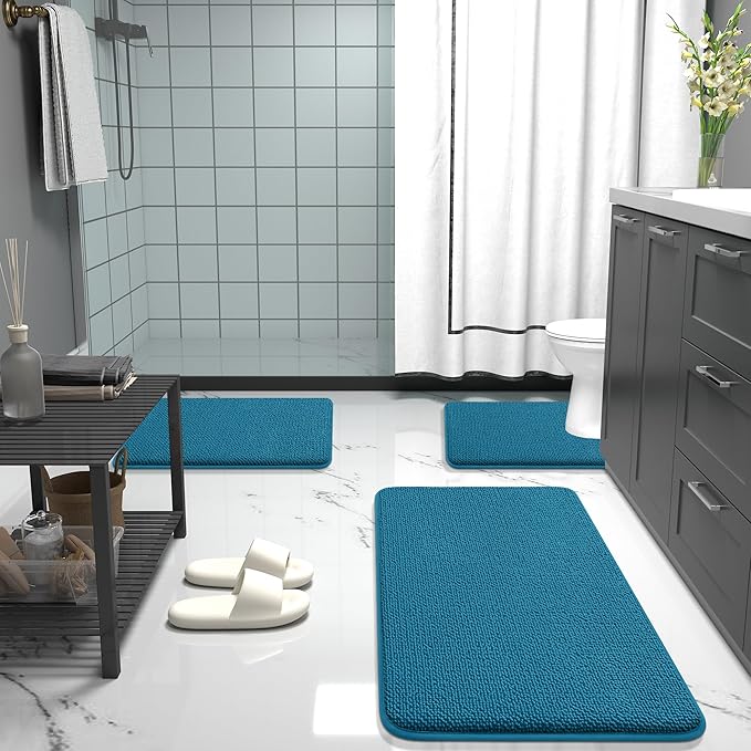 OLANLY Thick Memory Foam Bath Mat Rug 44x24, Extra Soft Absorbent Bathroom Rug, Quick Dry Bath Mat, Non-Slip, Machine Washable Carpet for Bathroom, Tub and Shower, Home Decor Accessories, Peacock Blue
