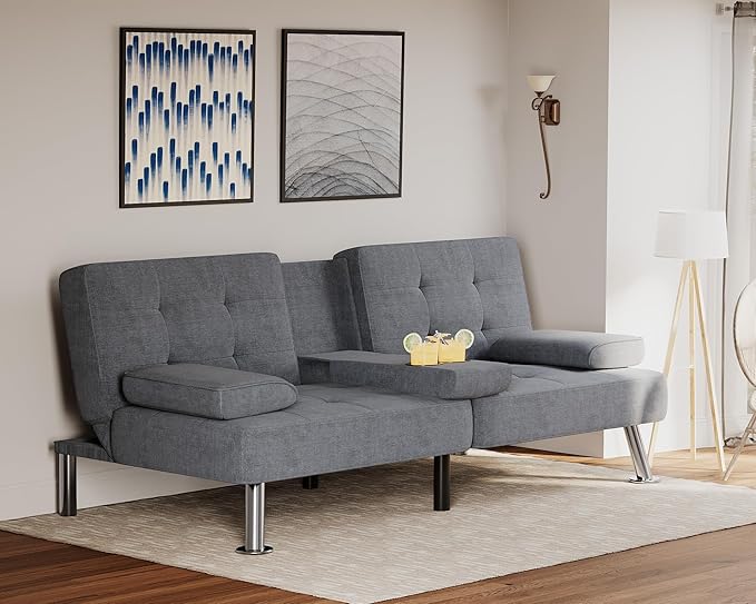 Flamaker Futon Sofa Bed Modern Folding Futon Set Linen Fabric Convertible Recliner Lounge for Living Room with 2 Cup Holders, Removable Armrests (Fabric, Grey)