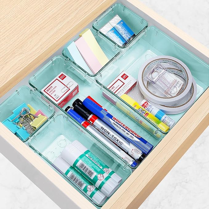 23 PCS Drawer Organizer Set, 5 Varied Size Bathroom and kitchen Drawer cabinet organizer Trays, Clear Storage Bins for Makeup, Jewelry, Utensils and Gadgets