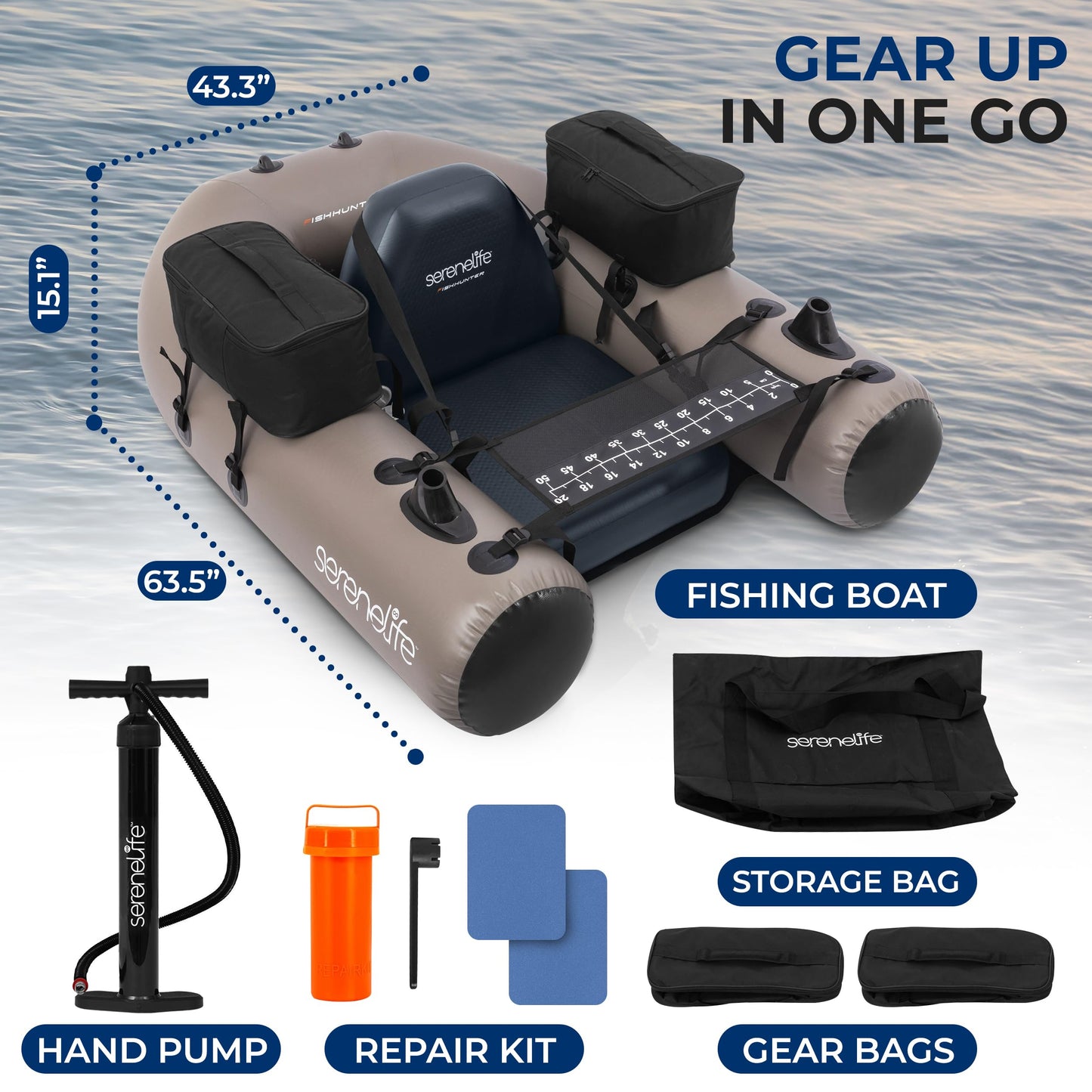 Serenelife Inflatable Fishing Float Tube – PVC Belly Boat for Angling with Fishing Rod Holders, 2 Waterproof Storage Pockets, Fish Ruler, 220 lbs Capacity
