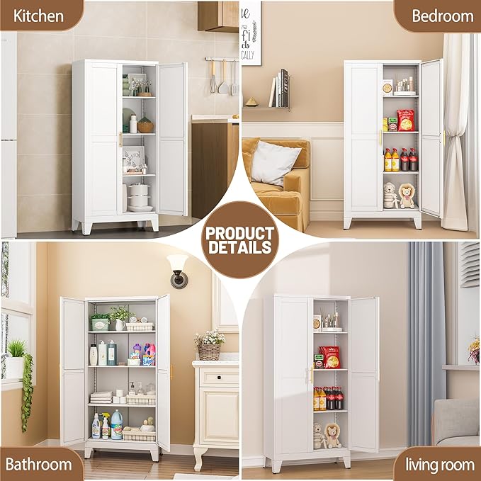 Metal Kitchen Pantry Storage Cabinet with 2 Doors and 3 Adjustable Shelves,Pantry Cabinet with Adjustable Leveling Foot for Kitchen, Living Room, Dining Room(White)