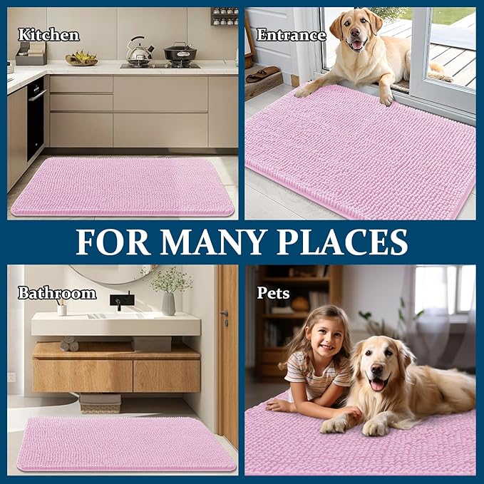 OLANLY Dog Door Mat for Muddy Paws 59x20, Absorbs Moisture and Dirt, Absorbent Non-Slip Washable Doormat, Quick Dry Chenille Mud Mat for Dogs, Entry Indoor Entryway Carpet for Inside Floor, Pink