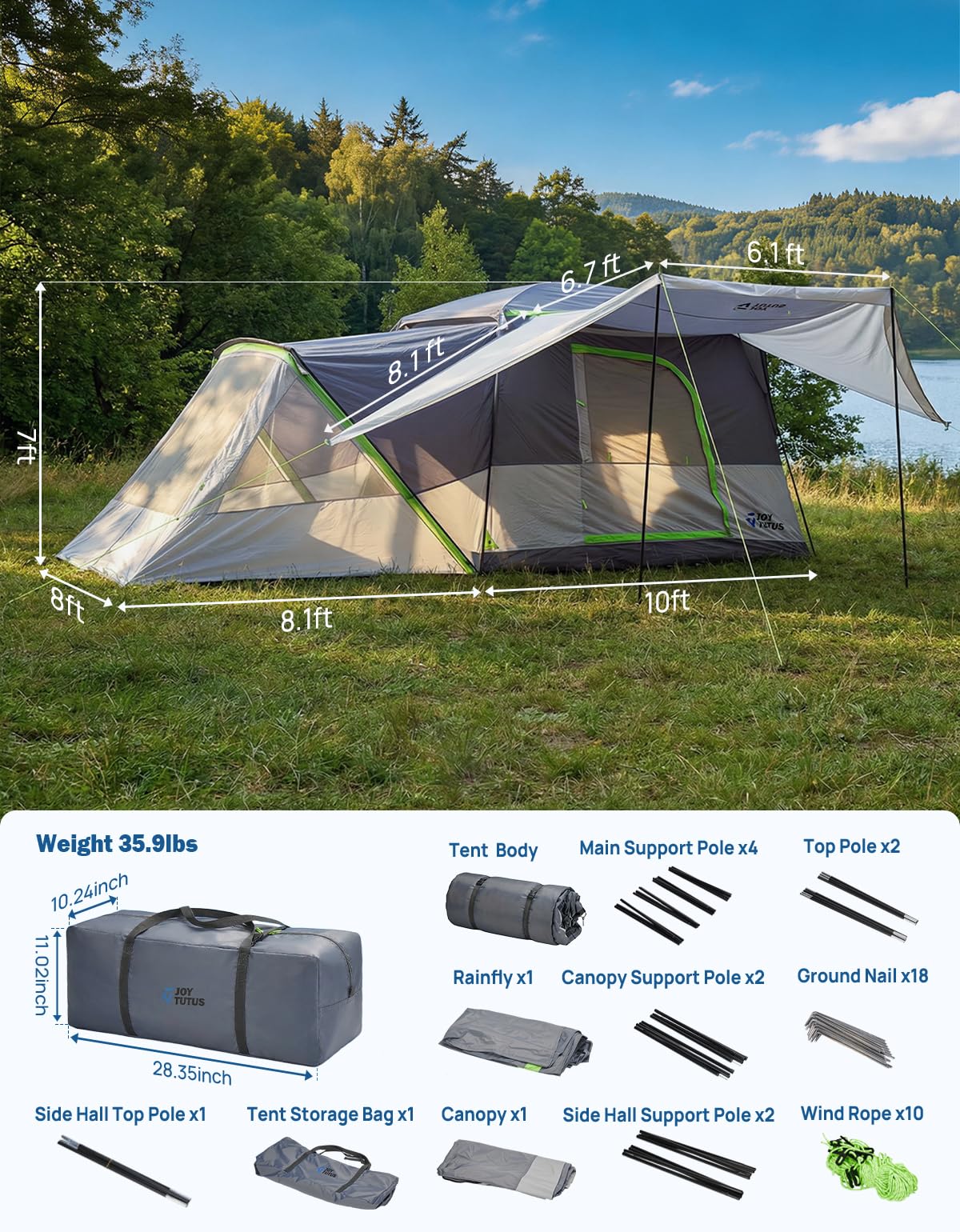 JOYTUTUS SUV Tent with 2 Rooms, Rainfly & Awning for Family Camping, 60% More Space Car Tent for 5-9 Person, Dual-Use for SUV or Ground Camping Tent with Screen Porch, Double Door,Mesh Roof