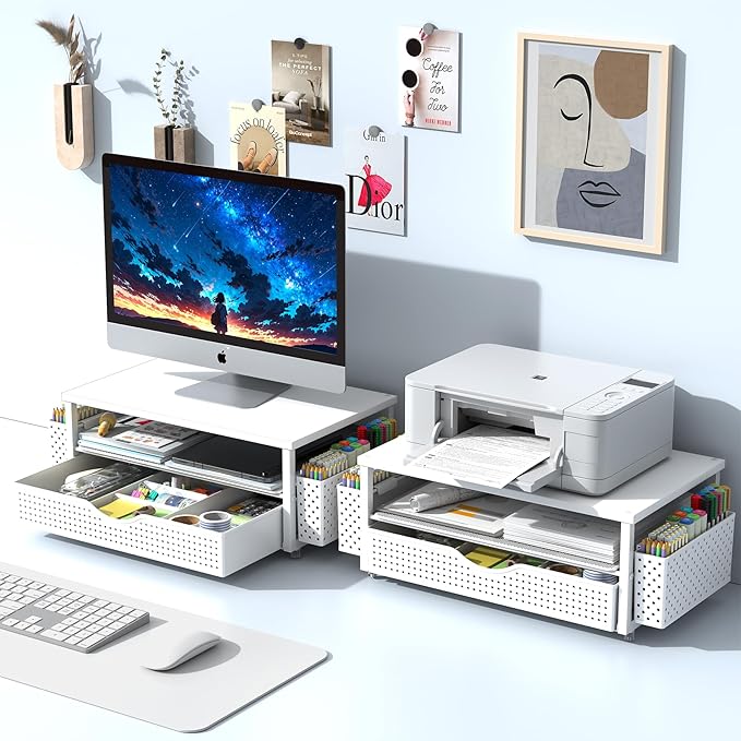 Spacrea Desk Organizer and Accessories, Computer Monitor Stand Riser with Drawer and 2 Pen Holders, Office Desk Accessories & Workspace Organizers for Office Supplies (White)
