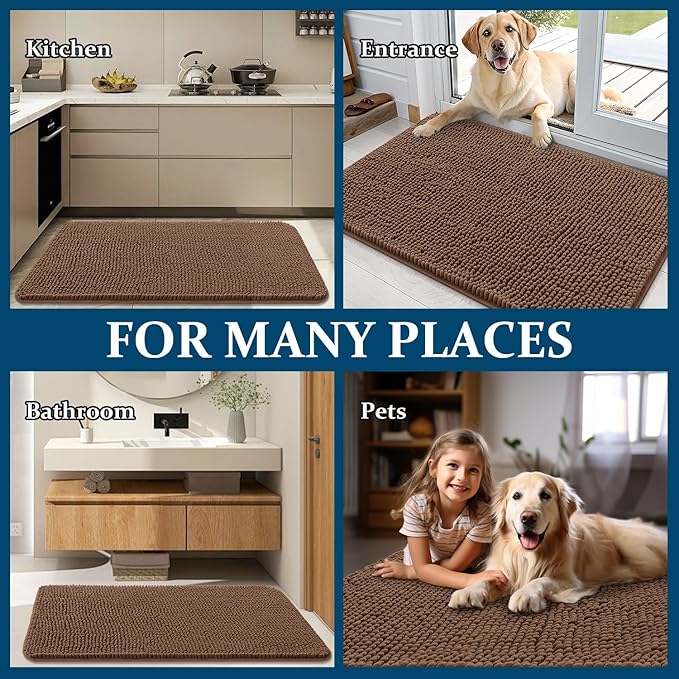 OLANLY Dog Door Mat for Muddy Paws 32x20, Absorbs Moisture and Dirt, Absorbent Non-Slip Washable Doormat, Quick Dry Chenille Mud Mat for Dogs, Entry Indoor Entryway Carpet for Inside Floor, Mocha