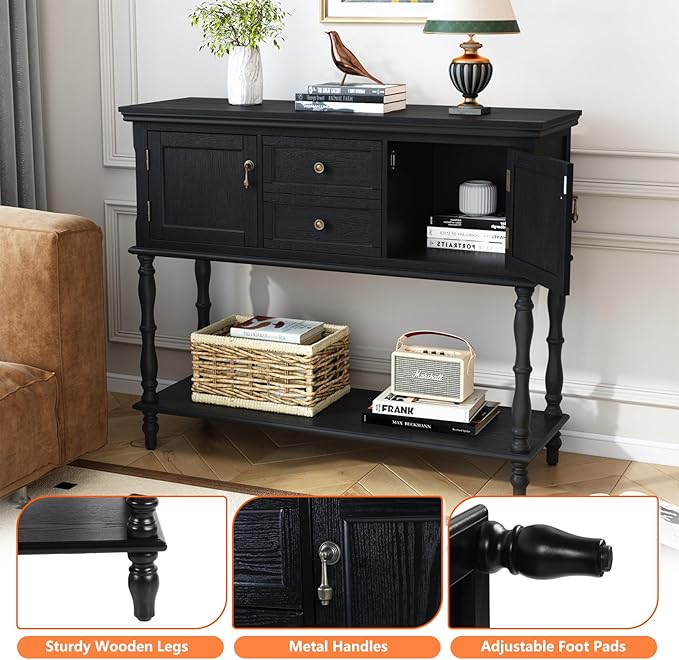 ARTPOWER Console Table with 2 Drawers, Retro Entryway Table with 2 Door Cabinets and Open Storage Shelf, Narrow Long Behind Couch Sofa Table for Living Room, Foyer, Hallway, Black