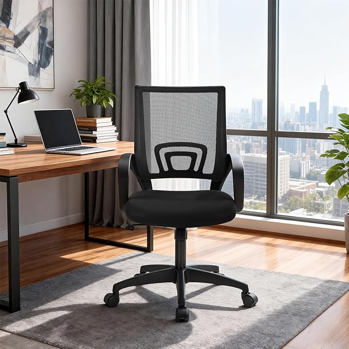 BestOffice | Ergonomic Office Chair | Mid-Back Swivel Desk Chair | Breathable Backrest & Lumbar Support | Adjustable Height | Sponge Seat | Rolling Wheels | Dark Black | for Adults & Women