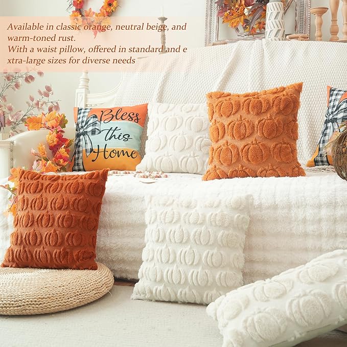 GEEORY Fall Pumpkins Soft Plush Pillow Covers, 20 x 20 Inch Set of 2, Fluffy Faux Fur Wool Decorative Farmhouse Cushion Case for Sofa Home Decoration Orange Pumpkin GC021-20