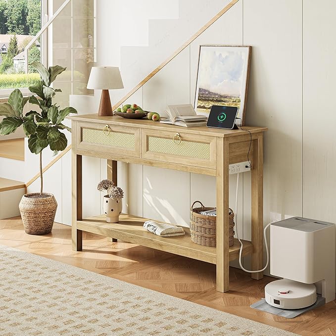 SUPERJARE Rattan Console Sofa Table with Outlets and USB-C Port, 2 Drawer Entryway Table with Synthetic Rattan Surface, 39 Inch, Open Shelf, Behind Couch Entry Foyer Hallway Storage, Natural