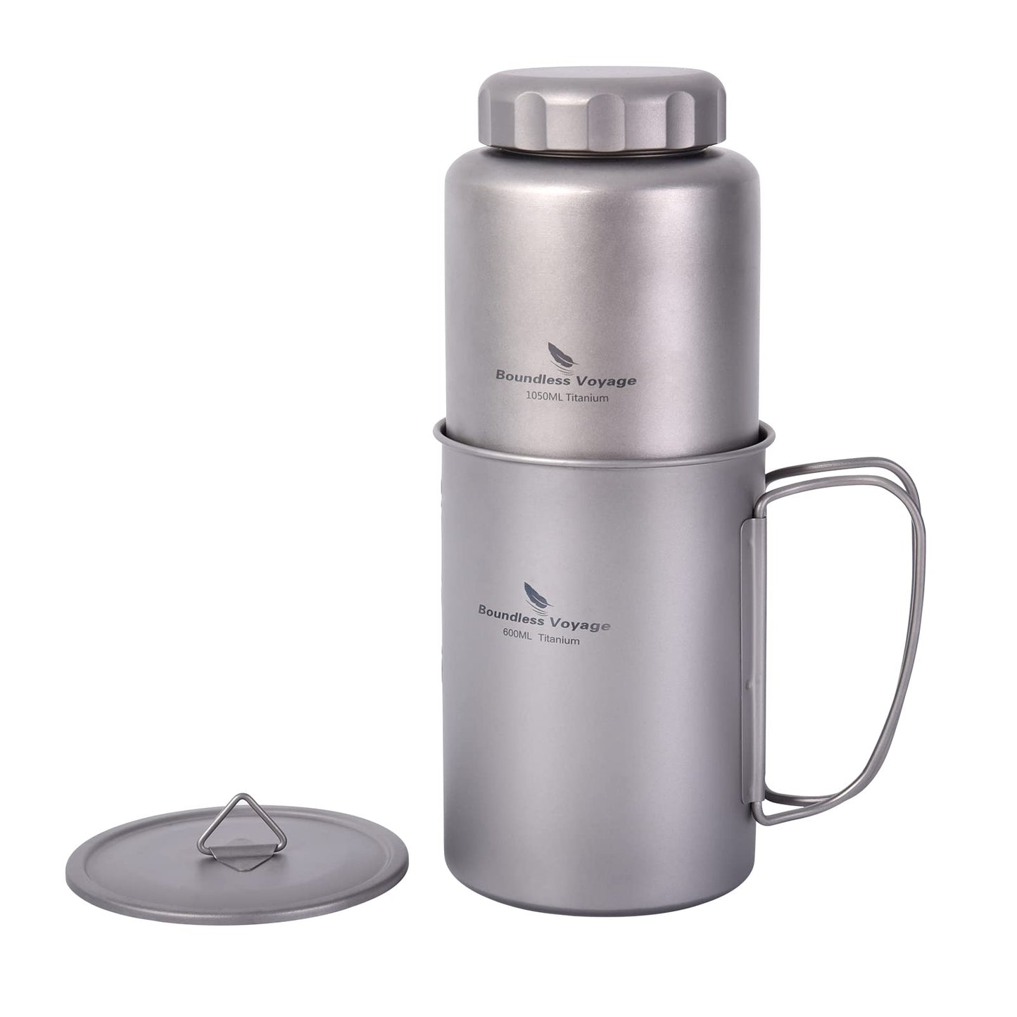 iBasingo 1050ml Titanium Bottle with 600ml Nesting Cup Outdoor Camping Single Layer Wide Mouth Cookware Lightweight Portable Bottle Mug Set Hiking Picnic Solo Cooking Mess Kit Ti3007D