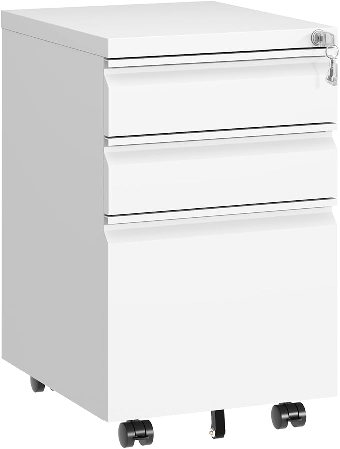 3 Drawer File Cabinet with Lock,Under Desk Rolling Small Filing Cabinet for Home Office Storage, Mobile Steel Cabinets with Wheels, Fully Assembled, White