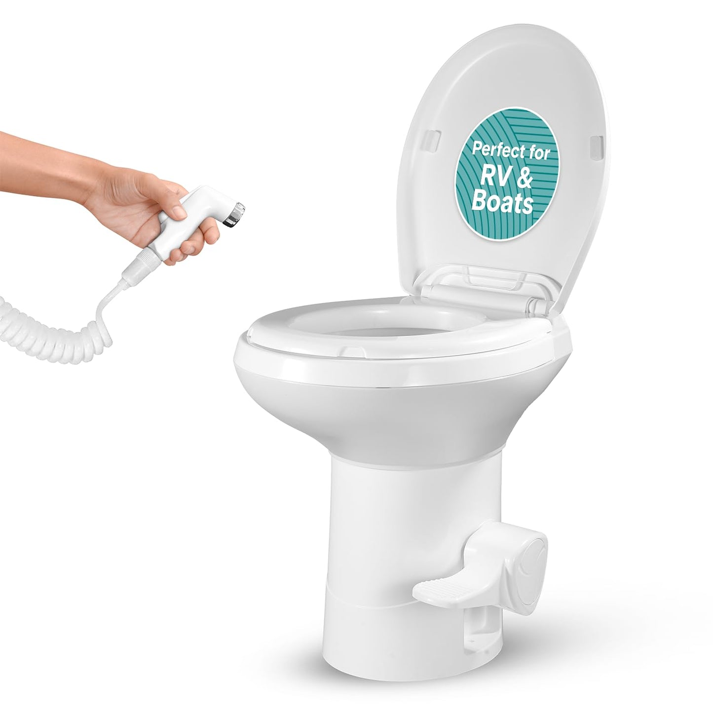 SereneLife RV Toilet - Small Camp Toilet with Foot Pedal and a Hand Sprayer, Leak-Proof, Odorless, Soft-Close Lid, Compact Water-Saving Design, Quick Installation, Perfect for RVs, Trailers, and Boats