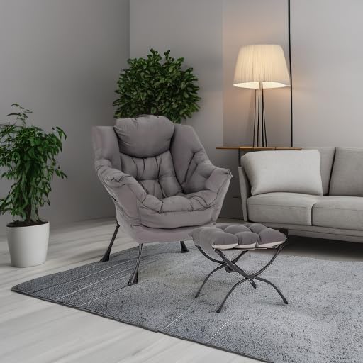 LITA Lazy Chair with Ottoman, Modern Accent Leisure Upholstered Lazy Sofa Armchair, Contemporary Lounge Reading Chair with Armrests and a Side Pocket for Living Room, Bedroom & Small Space, Dark Grey