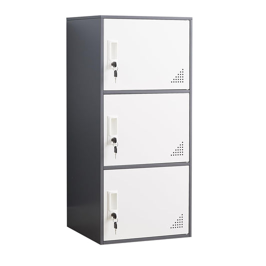 FURSTEL Student Locker Organizer, Multi-Door Steel Locker, Small Locking Cabinet Storage Organizer, Office File Cabinet, Home Locker, Gym Locker, Metal Storage Locker (3 Door, Gray & White)
