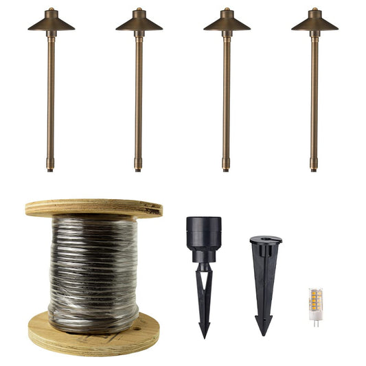 VOLT 12V Brass Flat Hat (7" Shade, 24" Tall) LED Outdoor Path Light 4-Pack Expansion Kit (Bronze) for Low Voltage Landscape Lighting on Outdoor Pathway, Walkway, Garden, Driveway or Patio