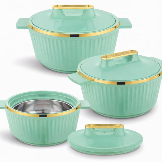 T TABAKH Fancy 3pc Set 2500ml+3500ml+5000ml Insulated Casserole Dish with Lid Hot Pot Food Warmer/Cooler - Thermal Soup, Salad Serving Bowl - Stainless Steel Container - Keeps Food Hot & Cold (Green)