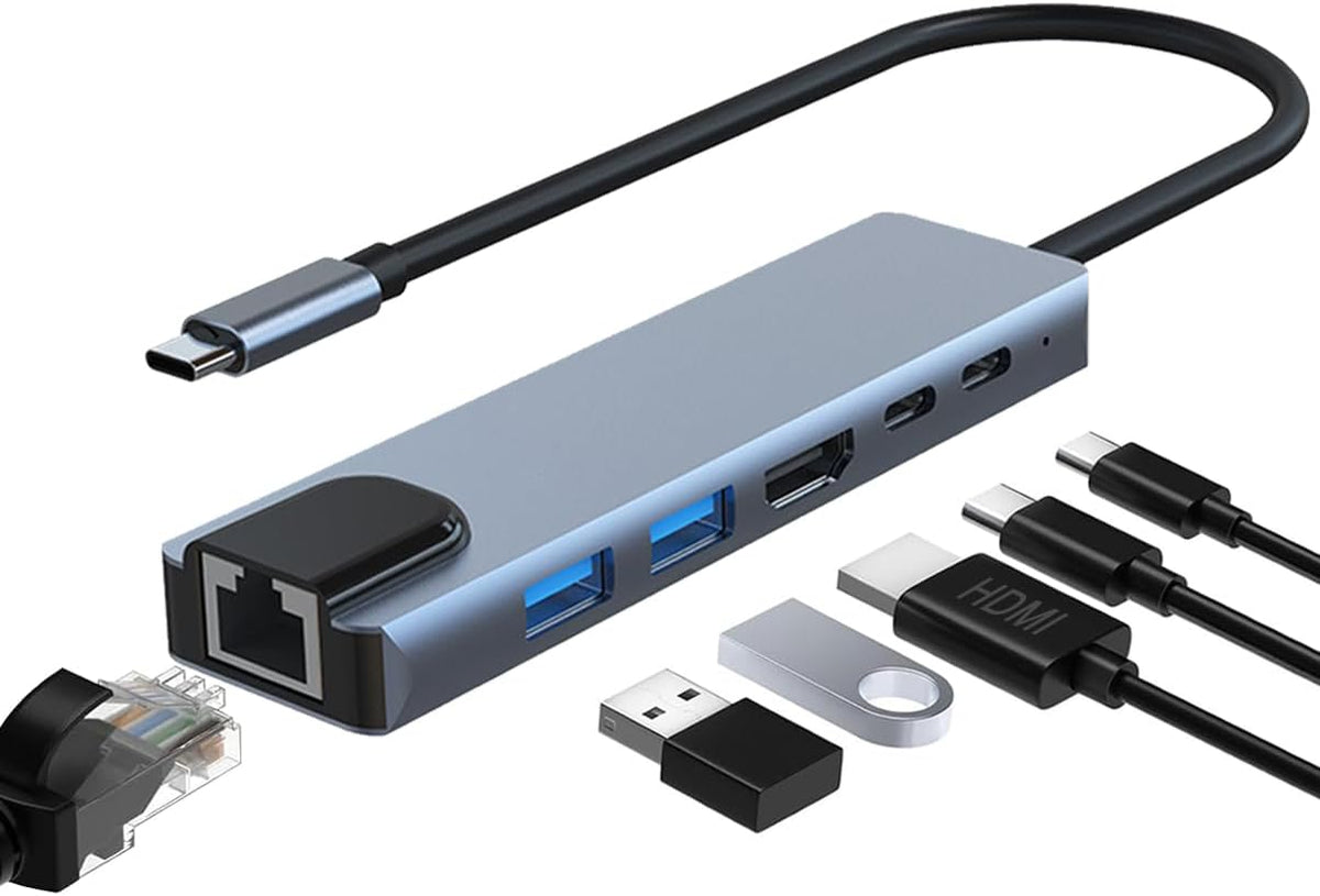JUEJUEZI 6-in-1 4K RJ45 3.0/2.0, PD100W, USB C Hub, Ethernet Multi Port Adapter with HDMI, Ethernet Port, USB USB C