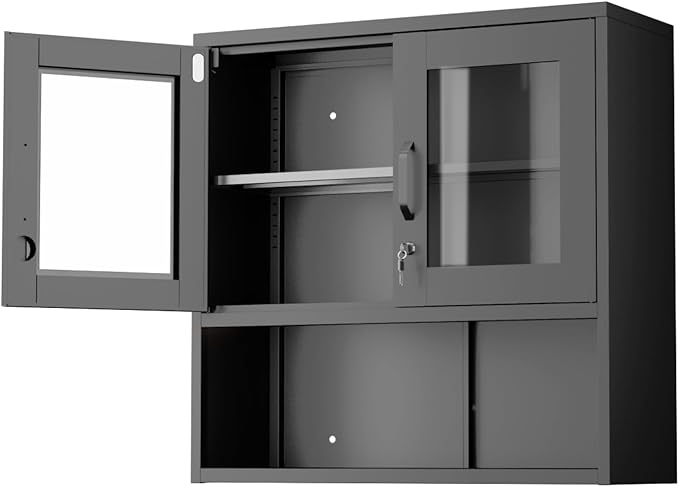 VINGLI Metal Wall Cabinet with Locking Glass Doors, Adjustable Shelf, Wall Mounted Storage Display Cabinets for Garage, Kitchen, Home Office, Warehouse, Living Room, Black