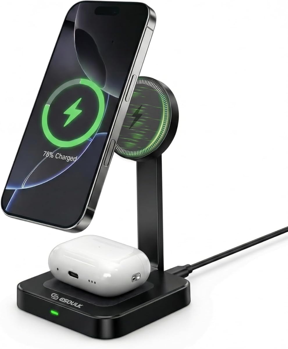 Esoulk 2 1 17/16/15/14, 15W in Magnetic Wireless Charging Station, Foldable Charger Stand for iPhone AirPods Charging