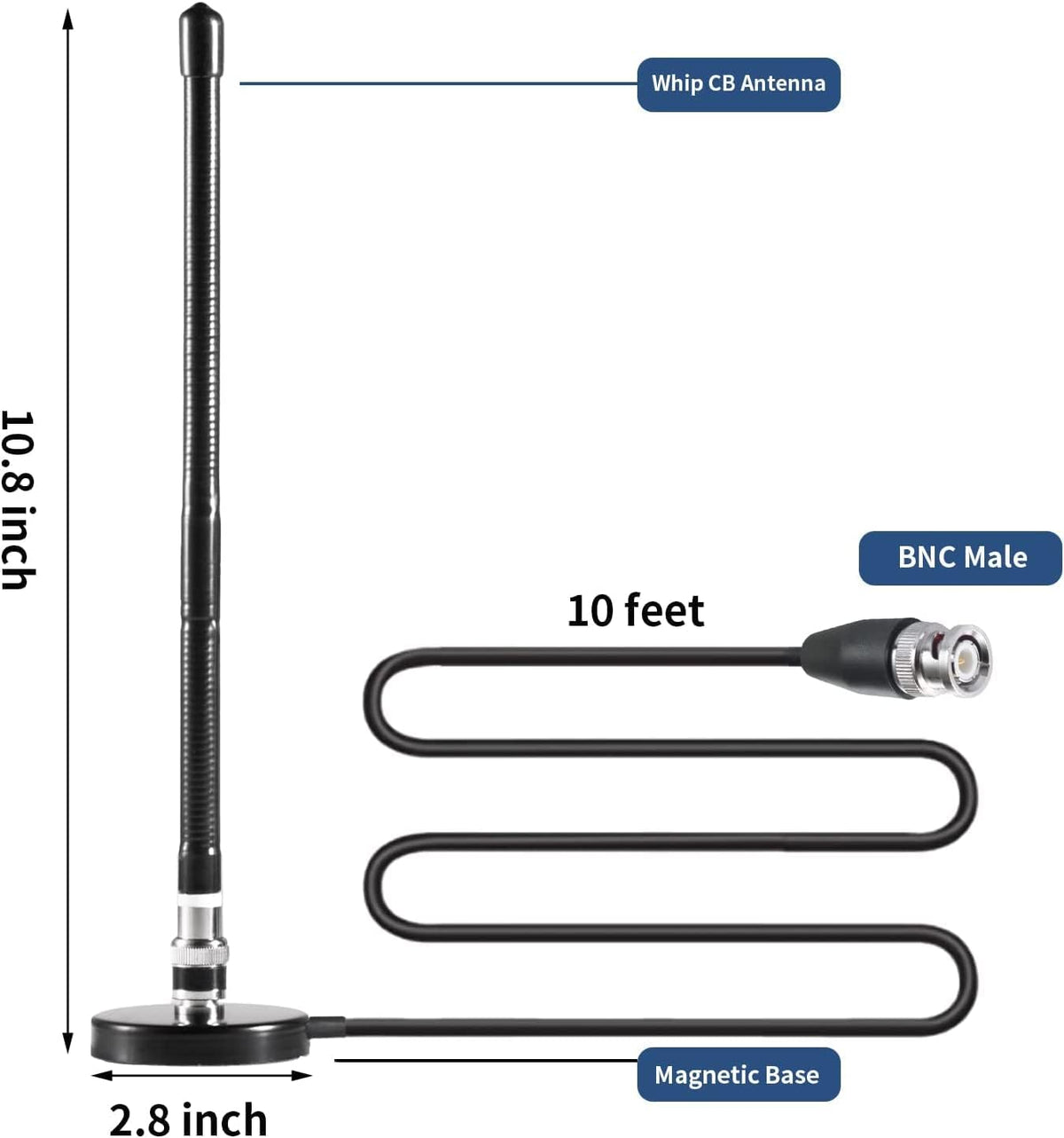 eifagur 27MHz PL-259 Long Range Soft Whip Magnetic Base CB Radio Antenna with BNC Male Connector for Cobra Midland