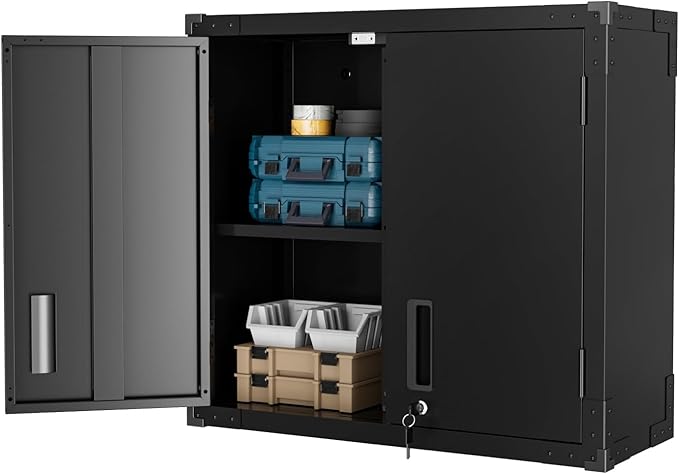 VINGLI Garage Wall Cabinet with Locking Doors and Adjustable Shelf, Metal Wall Cabinet, Floating Upper Storage Cabinet (Black, 30''W x 12''D x 28''H)