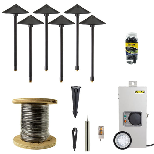 VOLT 12V Brass Max Spread LED Path Light 6-Pack Kit (Black) with 150W Low Voltage Transformer for Landscape Lighting on Outdoor Pathway, Walkway, Garden, Driveway or Patio