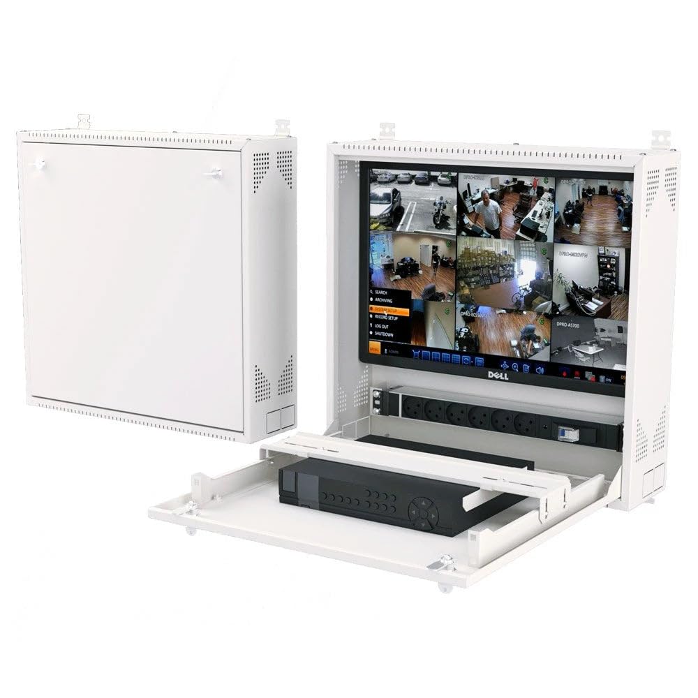 Wall-Mount DVR/NVR Security Enclosure, Lockable Steel Cabinet with 1U Adjustable Rail, Ventilated, 22″ W x 21.2″ H x 5.9″ D, White (RAL 7035) – STURDX
