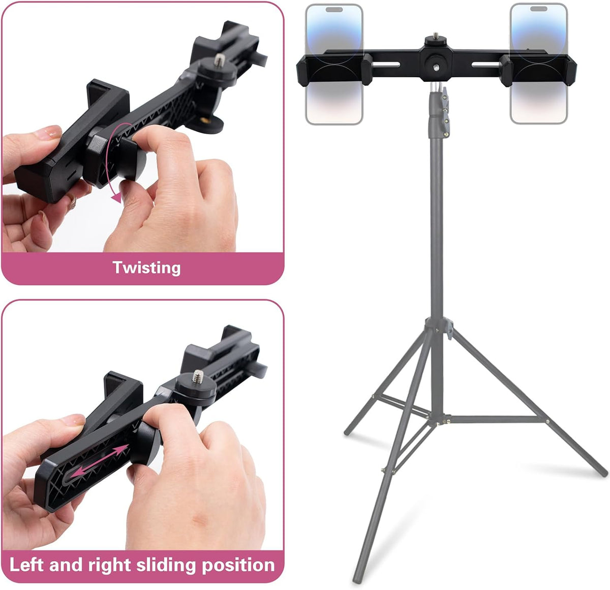 JoyHuaTrade 360 1/4'' Dual Phone Holder Phone Tripod Mount Adapter, Universal Rotation Adjustable Clip Stand for Vlog